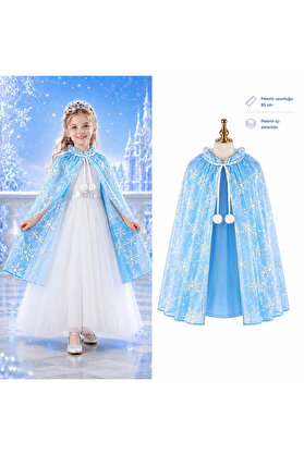 Ekoalışverişdünyam Kar Tanesi Desenli Mavi Elsa Pelerini - Astarlı Frozen Pelerini 85 Cm