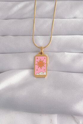 Ethab Giyim 316L Çelik Gold Renk Pembe Mineli Güneş Model Tarot Kolye 5886 - Glst6663-9488