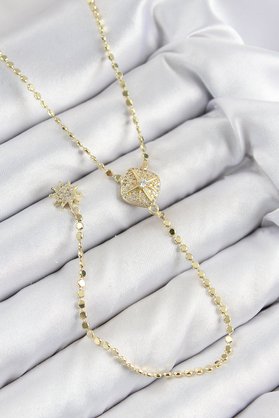 Ethab Giyim Pirinç Zirkon Taşlı Ezme Zincirli Madalyon Model Gold Renk Y Kolye 5886 - Glst3786-5269