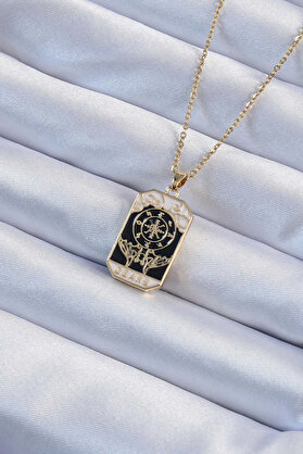 Ethab Giyim 316L Çelik Zincir Altın Renk İşlemeli Siyah Mineli Tarot Kolye 5886 - Glst9350-9341