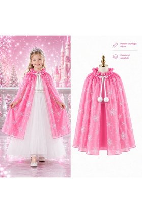 Ethab Ticaret Glb-Stl41414 Kar Tanesi Desenli Pembe Elsa Pelerini - Astarlı Frozen Pelerini 85 Cm