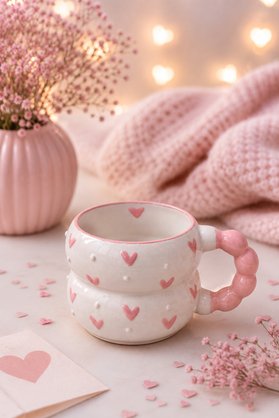 İZart Boncuk Kulp İÇİ Pembe Noktalı Kalpli Özel Kabartmalı Tamamıyla El İşlemeli Seramik Kupa