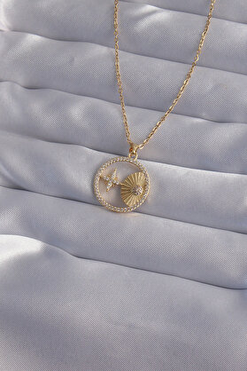 Ethab Giyim 316L Çelik Zincir Gold Renk Zirkon Taşlı Yıldız Figürlü Oval Kolye 5886 - Glst8438-2125