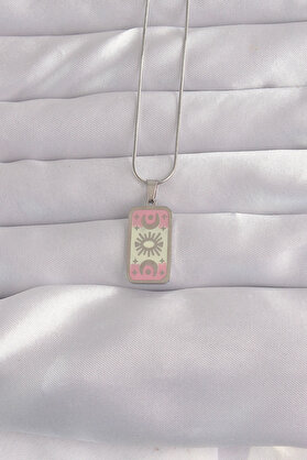 Ethab Giyim 316L Çelik Gümüş Renk Pembe Mineli Ay Figür Tarot Kolye 5886 - Glst6111-6566