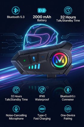MO DOU Akıllı Motosiklet Kask Intercom | HD Ses Bluetooth 5.3 Akıllı Gürültü Engelleme Su Geçirmez IPX6