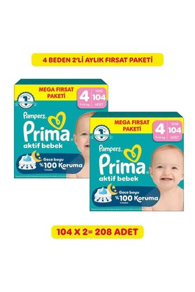 Prima Bebek Bezi Aktif Bebek Mega Fırsat Paketi 4 Numara 104'lü 2 Paket