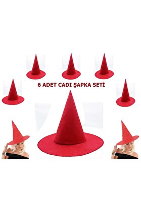 Evi̇mdeyokyok Kırmızı Renk Keçe Cadı Şapkası Yeti̇şki̇n Çocuk Uyumlu 6 Adet