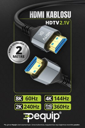 Pequip 2 Metre HDMI 2.1 8K Ultra HD Kablo 48Gbps HDR eARC 4K PS5 Xbox Monitör TV Projektör Dolby Vision Dynamic HDR ARC