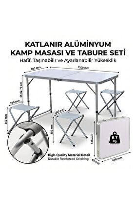Evi̇mdeyokyok Katlanabi̇li̇r Alümi̇nyum Kamp Masası Ve 4 Lü Tabure Seti̇