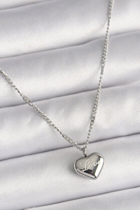 Ethab Giyim 316L Çelik Gümüş Renk Zincir Love İşleme Kalp Figür Kadın Kolye 5886 - Glst5676-5010