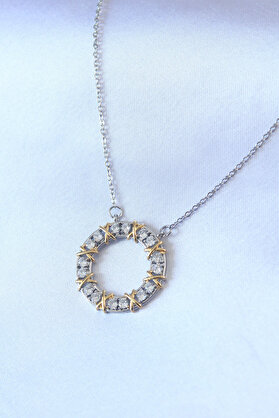 Ezere 316L Çelik Gümüş Renk Zirkon Taşlı Gold Detay Xoxo Kadın Kolye 5886 - Karbul6736-3051