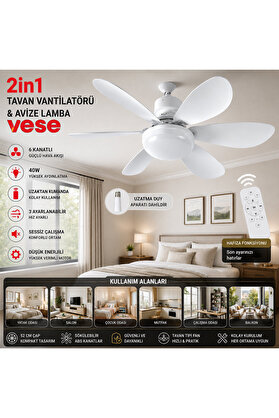 Go İthalat 2İn1=Tavan Vantilatör - Avize Lamba 40W Kumandalı 6Knat Vnt-005 () Glbl-Stl57839