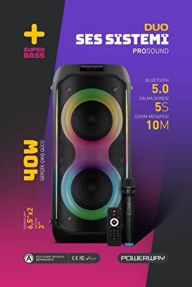 POWERWAY DUO XL Taşınabilir Mikrofonlu 20x2 W Karaoke Ses Kayıt Bluetooth Hoparlör Led Işıklı