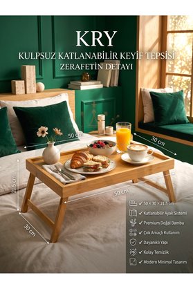KRY Katlanır Ayaklı Kulpsuz Bambu Keyif Tepsisi – Kahvaltı Laptop Servis Tepsisi 50x30 cm