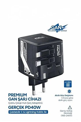 Ethab Ticaret Glb-Stl41414 Gan+ Pd 40W Hızlı Şarj Adaptörü Çoklu Çıkış Usb-C Lightning Kablolu Hızlı Şarj Cihazı E