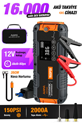 auhma A9955 16000mAh Araç Akü Takviye Cihazı ve Hava Kompresörü – 150 PSI Dijital Şarjlı Oto Lastik