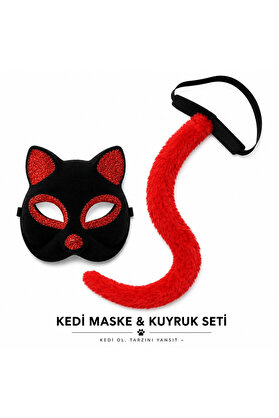 Evi̇mdeyokyok Kırmızı Kedi̇ Maske Ve Kuyruk Seti̇ Parti̇ Kostüm Aksesuarı