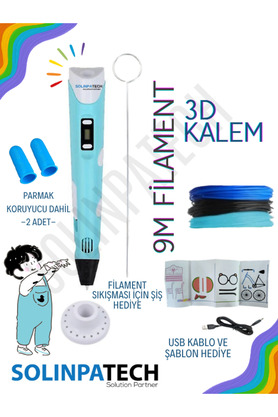 SolinpaTech Mavi 3d Kalem 3d Pen 3 Boyutlu Yazıcı Kalem 3 Renk 9 Metre Filament Usb Kablo