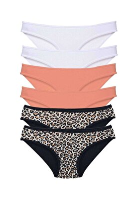 Ethab Ticaret Glb-Stl41414 6 Adet Likralı Kadın Slip Külot Leopar Beyaz Pudra