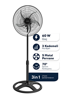KUMTEL KTF-340 Siyah 18 İnç Sanayi Tipi Vantilatör 3in1 60 W 5 Kanatlı 3 Kademeli 132 cm