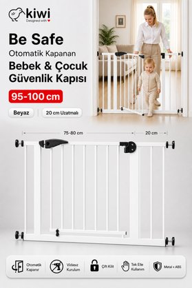 Kiwi Be Safe Bebek Güvenlik Kapısı 95-100 cm Aralığı için Uygun - Çocuk Emniyet Kapısı- Beyaz