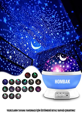 Hombak Gece Lambası Tavana Işık Yansıtan Dönen Yıldız Ay Projeksiyon Çocuk ve Genç Odası Lamba Işık Küresi