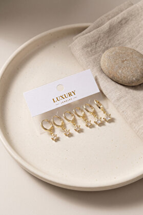 Evi̇mdeyokyok Yıldız Zi̇rkon Taşlı Gold Renk Pi̇ri̇nç Set Küpe Tj-Bkp11992