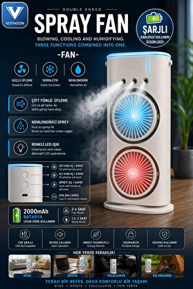 Evimdeyokyok Çift Başlıklı Sprey Fan Nemlendirici Ve Renkli Led Işıklı Beyaz