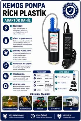 Kemos 220-12 Volt Ri̇ch Plasti̇k Dalgıç Adaptörlü Mazot Aktarma(Sıvı Transfer) Pompası
