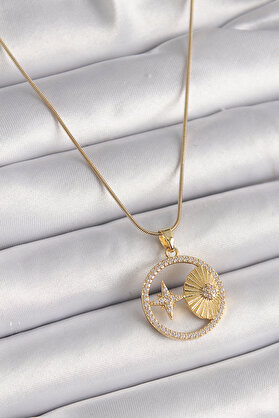 Ethab Giyim 316L Çelik Gold Renk Zincir Zirkon Taşlı Yıldız İşleme Madalyon Model Kadın - Glst3544-284