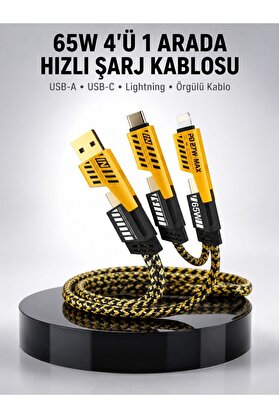 Nexora 65W 4 Ü 1 Arada Çoklu Şarj Kablosu – Usb-C Usb-A Lightning Veri Ve Şarj Deste - Nnnnnn7766-3