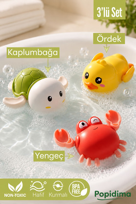 Popidima Yüzen 3’lü Su Oyuncağı Banyo Arkadaşı-Ördek Kaplumbağa ve Yengeç Kurmalı Banyo Oyuncakları
