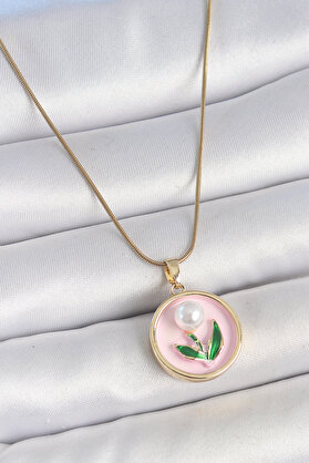 Gizmurstore 316L Çelik Gold Renk Zincir Pembe Mineli İncili Çiçek İşlemeli Portre Model Ka - Gms5035-8815