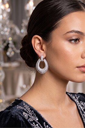 Evimdeyokyok Gümüş Renk Zirkon Taşlı Damla Halka Model Kadın Abiye Küpe Tj-Bkp11903