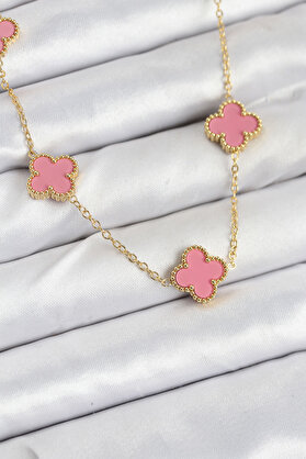 Ethab Giyim 316L Çelik Zincir Gold Pembe Renk Yonca Kadın Kolye 5886 - Glst9692-6353