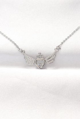 Ethab Giyim 316L Çelik Silver Renk Zirkon Taşlı Kalpli Kanat Kolye 5886 - Glst8218-6836