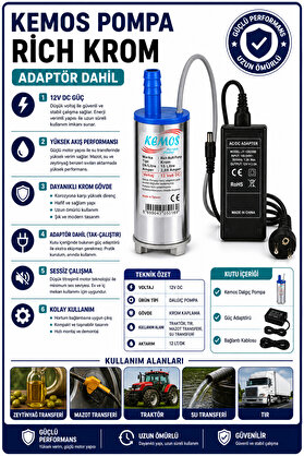 Kemos 220-12 Volt Ri̇ch Krom Dalgıç Adaptörlü Mazot Aktarma(Sıvı Transfer) Pompası