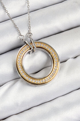 Ethab Giyim 316L Çelik Zirkon Taşlı Dönen Daire Model Gold Ve Gümüş Renk Kadın Kolye 588 - Glst7246-506