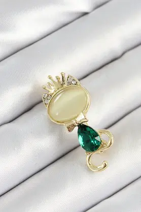Ethab Giyim Yeşil Damla Zirkon Taşlı Kraliçe Taçlı Kedi Figürlü Gold Renk Kadın Broş 5 - Glst5868-860