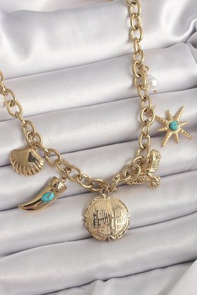 Ethab Giyim 316L Çelik Gold Renk Zincir Sallantılı Çoklu Figür Model Kadın Kolye 5886 - Glst2400-5203