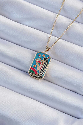 Ethab Giyim 316L Çelik Zincir Altın Renk Taç Ve Kız Figürlü Renkli Mineli Tarot Kolye 5886 - Glst6578-291