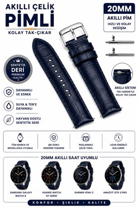 onlinekordon Fossil Q Commuter Hybrid Uyumlu 20mm Kolay Sök Tak Çelik Pimli Lacivert Krokodil Desenli Akıllı Saat Kordonu