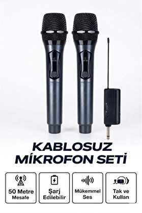 Ethab Ticaret Glb-Stl41414 Profesyonel Çiftli Kablosuz Mikrofon Seti Karaoke Şarj Edilebilir 50 Metre