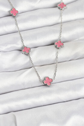 Ethab Giyim 316L Çelik Zincir Gümüş Renk Pembe Baby Boy Yonca Kadın Kolye 5886 - Glst6656-6487