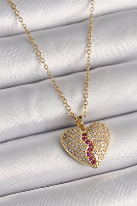 Geneloem 316L Çelik Gold Renk Zincir Zirkon Taşlı Kalp Model Kadın Kolye 5886 - Gesa557940-1714