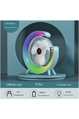 Ethab Ticaret Glb-Stl41414 Masaüstü Vantilatör Usb Şarjlı Rgb Led Işıklı 3 Kademeli 180° Ayarlanabilir Soğutucu Fa