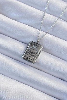 Ethab Giyim 316L Çelik Zincir Eskitme Gümüş Renk Ay Figürlü Tarot Kolye 5886 - Glst7742-8386