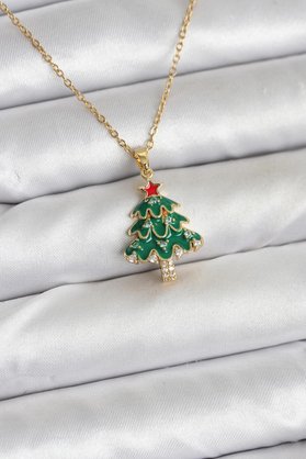 Northcity N 316L Çelik Zincir Gold Renk Çam Ağacı Model Yılbaşı Temalı Kadın Kolye 5886