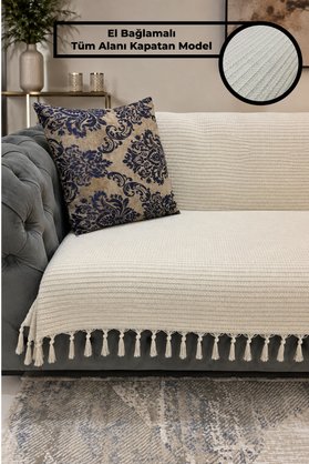 Gizo Home YVZ | El Bağlamalı Pamuklu Dokulu Kaymaz Çok Amaçlı Bohem Koltuk Örtüsü Yıkanabilir Tekli&İkili&Üçlü 180x210 Modern Çekyat Örtüsü Berjer Örtüsü Koltuk Şalı Krem