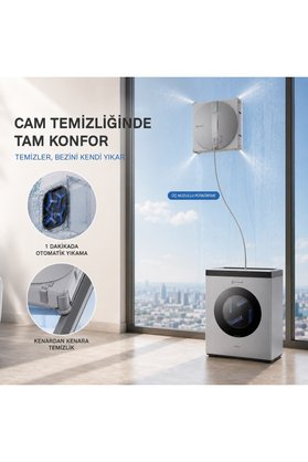 Ecovacs Otomatik Bez Temizleme İstasyonlu Akıllı Cam Robotu 110 Dakikaya Kadar Kablosuz Kullanım Üç Nozül